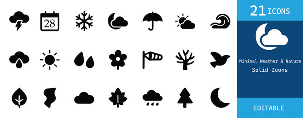 Fototapeta premium A collection of 21 minimal solid black weather and nature icons. Perfect for forecasts, apps, web design, and eco projects. Clean, editable, and professional vector graphics