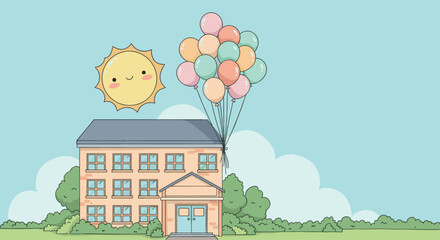Fototapeta premium Kindergarten Building with Balloons