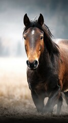 Obraz premium Majestic horse walking through a misty field at sunrise, showcasing natural beauty and grace in a tranquil environment