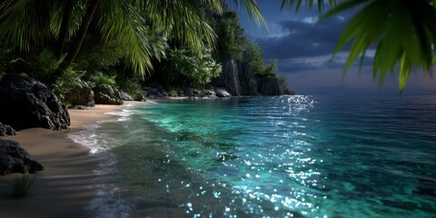 Tropical beach at night with moonlight reflecting on calm waters and lush greenery