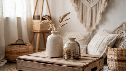 Decorative vases and natural decor elements in a cozy living room with woven baskets and soft textiles.