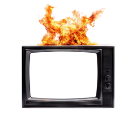 Old retro TV screen on fire, isolated on transparent cutout background