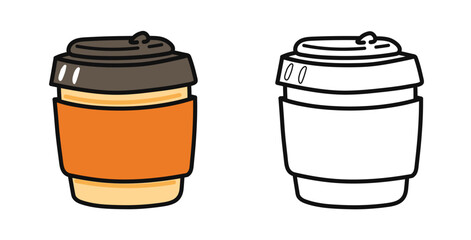 Two takeaway coffee cups, one in color and the other a black and white illustration, on white.