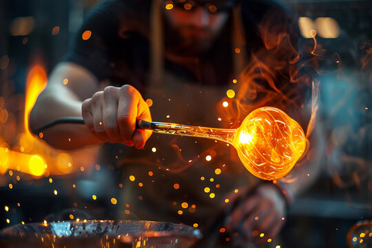 Glass Blowing in Factory with Molten Glass in Artisan Process, Generative AI