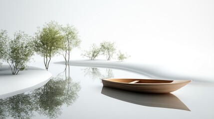 Tranquil, minimalist landscape with a wooden boat