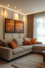 Fototapeta premium Luxurious Living Room Interior With Beige Sofa Orange Cushions And Artwork Displays