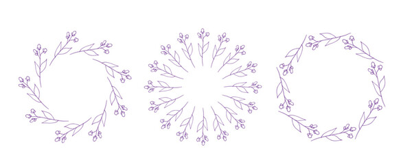 Simple flower circle frame set. Hand drawn purple round line border, leaves and flowers, wedding invitation and cards, logo design and posters template. Elegant minimal style floral isolated set