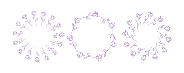 Simple flower circle frame set. Hand drawn purple round line border, leaves and flowers, wedding invitation and cards, logo design and posters template. Elegant minimal style floral isolated set