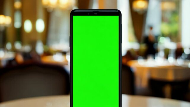 Smartphone green screen on table of luxury restaurant. Mobile phone vertical mockup in a coffee shop, cafe setting. Phone showing blank green background display. Chroma key smart phone. Closeup. Menu