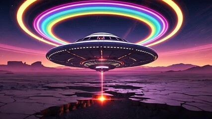 Futuristic UFO with glowing rainbow light rings hovering above cracked desert terrain emitting laser beam under vibrant alien sky at dusk
- Powered by Adobe