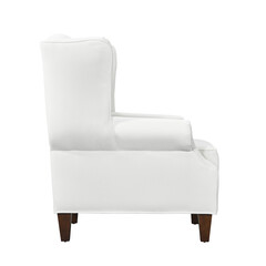 Elegant white wingback armchair side view for interior design mockups . Cut out isolated on white background