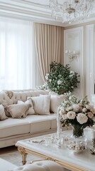 Luxurious Living Room Interior With White Sofa Flowers And Golden Accents