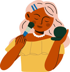 woman with mirror applying powder make up and brush illustration