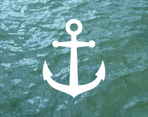 Logo nautical. Silueta de ancla de barco con vista desde arriba de la superficie del mar color turquesa como fondo  © teracreonte
