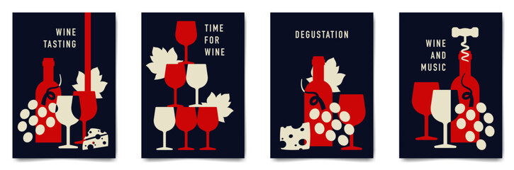 Set of minimalist wine tasting poster design. Flat vector illustration. Bottles of wine, glasses, grape and cheese.	