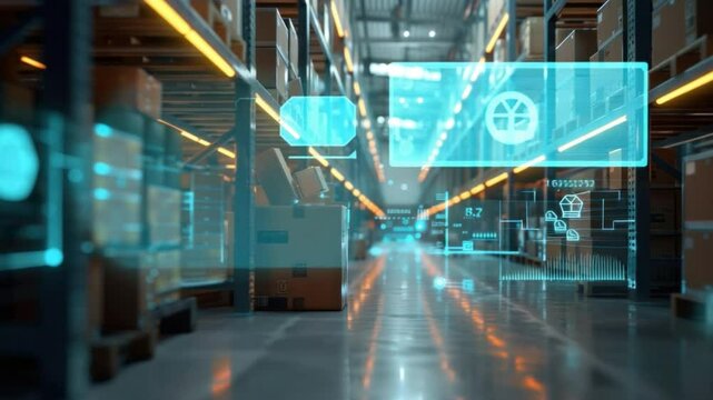 Warehouse Automation: Futuristic scene of a modern warehouse, showcasing advanced automation and technology, with holographic interfaces overlaying rows of stacked boxes.