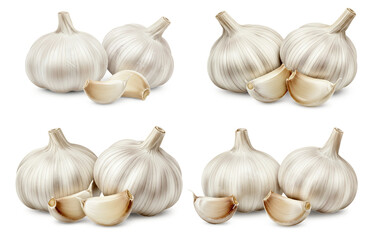 Four arrangements of garlic bulbs and cloves, showcasing freshness and culinary potential