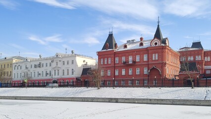Old building of Orel Commercial Bank, built in 1897-1899 by architect S. Rodionov. Building of branch of Central Bank of Russia. Ancient city street along Orlik River. Beautiful Russian city of Orel