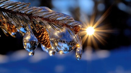 Frozen Spruce Branch in Winter Sunlight