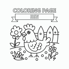 Hen Animal Coloring Pages for Kids – Simple Black and White Line Drawings Vector Art Illustration.