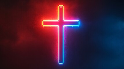 Obraz premium Glowing neon cross emitting red and blue light