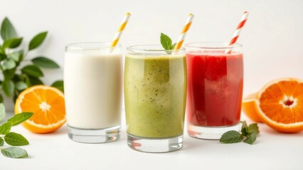 Drei Smoothies in Wei&szlig;, Gr&uuml;n und Rot mit dekorativen Orangenscheiben und Minze auf hellem Hintergrund.