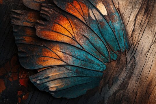 Close-up view of intricately detailed butterfly wings with teal and orange hues, resting on dark wood.