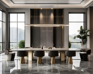 A luxurious meeting room with panoramic windows and modern furniture, clean and simple.
