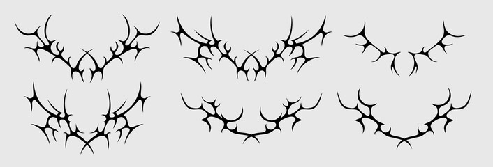 Set of tribal black tattoo patterns. Gothic Y2K sharp decorative elements. Vector abstract symmetrical shapes.