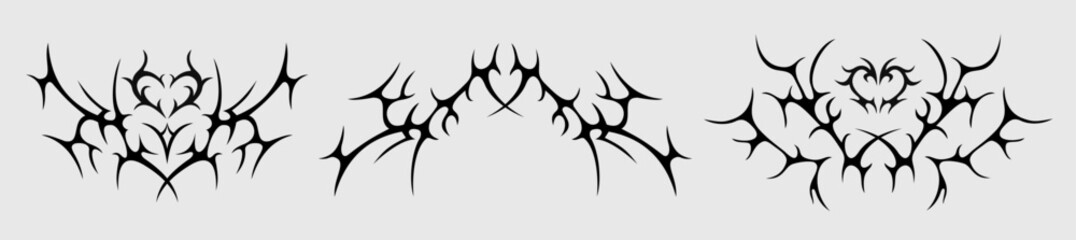 Set of tribal black tattoo patterns. Gothic Y2K sharp decorative elements. Vector abstract symmetrical shapes.