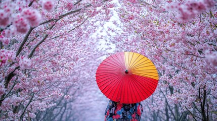 Cherry Blossoms and Japanese Parasol in Full Bloom