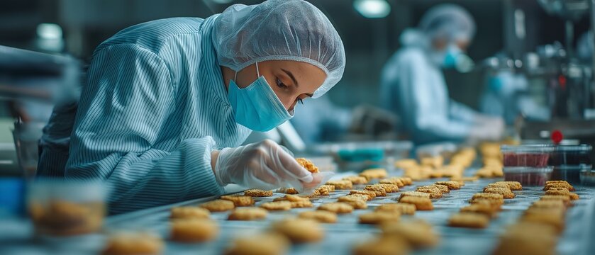 A sample of salt snacks is being taken off the production line by a young female employee dressed in sanitary clothing.