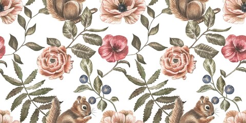 Fototapeta premium Whimsical Watercolor Pattern of Squirrels, Flowers, and Berries