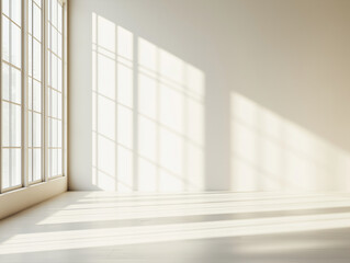 Bright Sunlight Casts Delicate Shadows Through Large Windows Onto a Spacious Interior, Creating a Tranquil Atmosphere