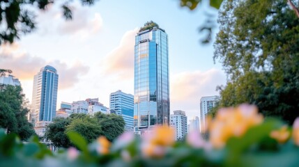 Obraz premium Modern city skyline framed by lush greenery. A tall glass skyscraper stands out amongst other buildings, with a park in the foreground. Soft light bathes the scene, suggesting a calm,