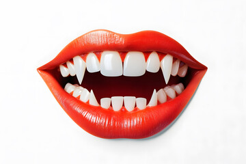 Fototapeta premium Vampire female mouth with sharp teeth and red lips isolated on white
