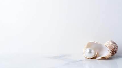 Open seashell holding pearl on marble