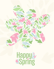Minimal flat spring postcard with floral composition. Editable vector artwork for holiday greetings, promotions, and spring events.