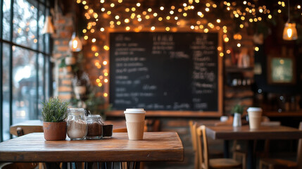 Fototapeta premium Cozy cafe interior with warm lighting, chalkboard menu, and coffee cups