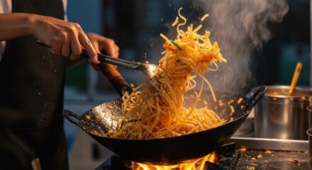 Dynamic photorealistic action shot capturing Pad Thai being vigorously tossed in a flaming wok by a street food vendor (hands visible)