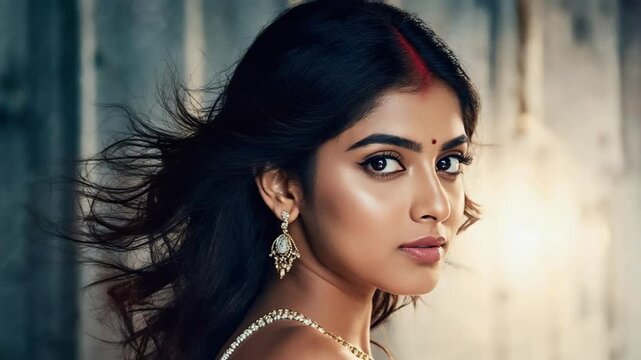 Portrait of a young woman with dark hair, traditional jewelry, and face markings, looking towards the viewer in a studio setting with windy hair.