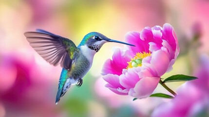Hummingbird Feeding on Pink Peony, Vibrant Hummingbird Feeding on Pink Flower in Colorful Garden