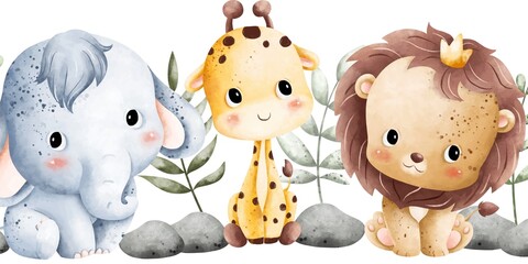 Cute Watercolor Animals in a Jungle Setting