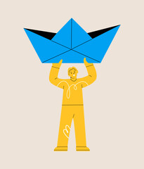 Woman holding a large paper ship. Colorful vector illustration