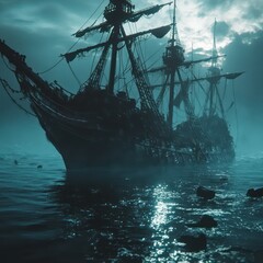 Dark mysterious pirate ship ocean storm
