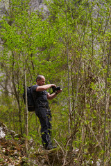 Fototapeta premium Photographer checking camera in forest