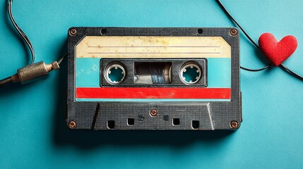 Obraz premium Retro Cassette Tape with Ribbon Formed into a Heart on Blue Background – Love Music Concept Banner with Copy Space