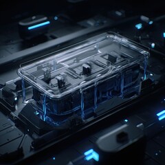 Obraz premium Close-up of a transparent plastic enclosure with electronic components inside, mounted on a circuit board with glowing blue lights in a high-tech environment