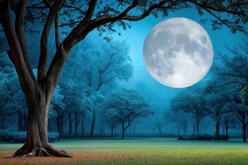 Full Moon over a Blue and Green Forest at Night