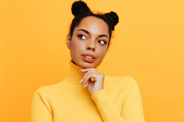 Thoughtful African American young woman with natural curly hair styled in two buns, wearing a yellow turtleneck sweater, touching her chin and looking sideways with a dreamy expression.